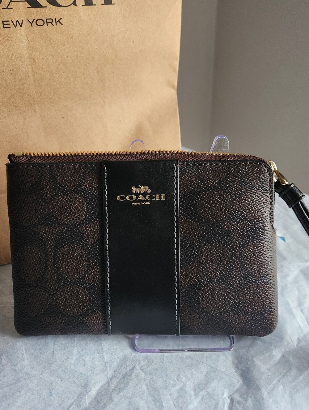 Coach Black and Walnut Brown Signature Wristlet NWT